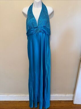 Teal Halter Evening Gown with Beaded Bodice
